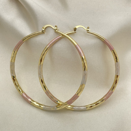 Oro Laminado Extra Large Hoop, Gold Filled Style Hollow Design, Diamond Cutting Finish, Tricolor