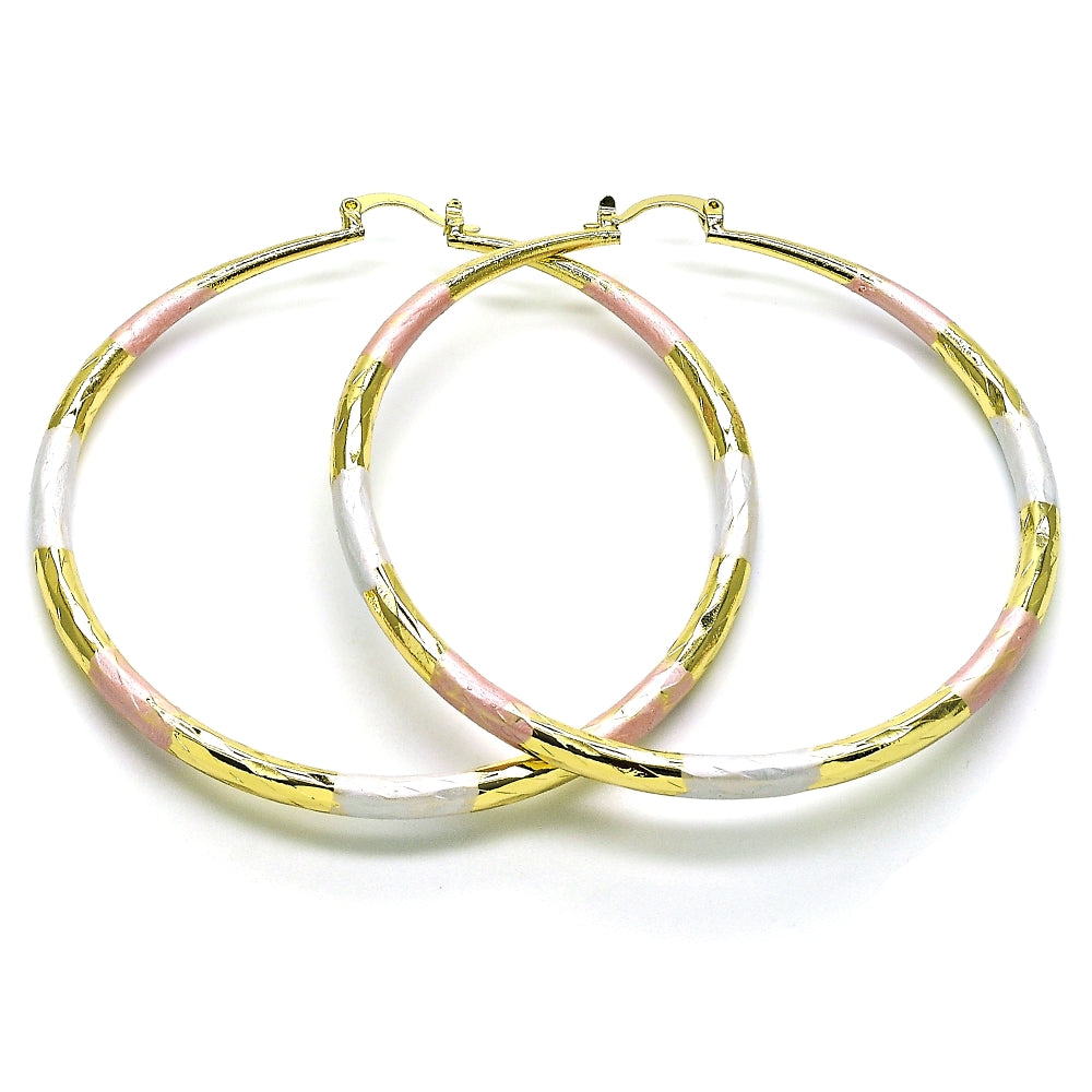 Oro Laminado Extra Large Hoop, Gold Filled Style Hollow Design, Diamond Cutting Finish, Tricolor