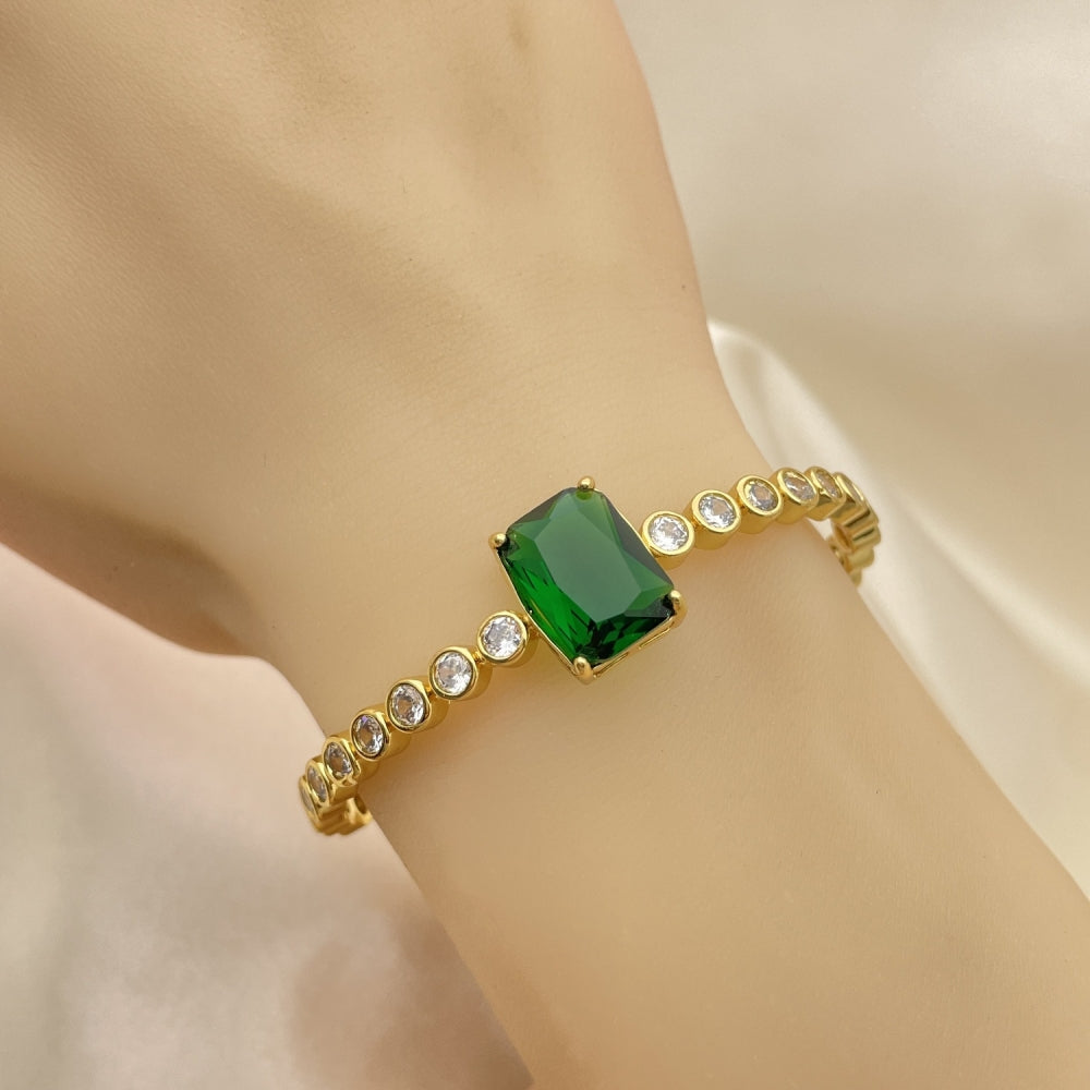 Oro Laminado Individual Bangle, Gold Filled Style with Green and White Cubic Zirconia, Polished, Golden Finish