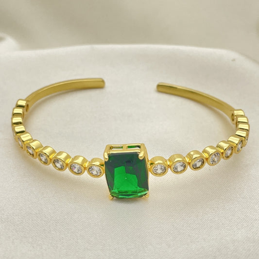 Oro Laminado Individual Bangle, Gold Filled Style with Green and White Cubic Zirconia, Polished, Golden Finish