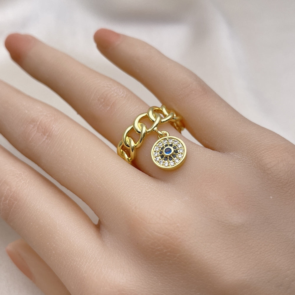 Oro Laminado Multi Stone Ring, Gold Filled Style Curb and Evil Eye Design, with Blue Topaz and Black Micro Pave, Polished, Golden Finish