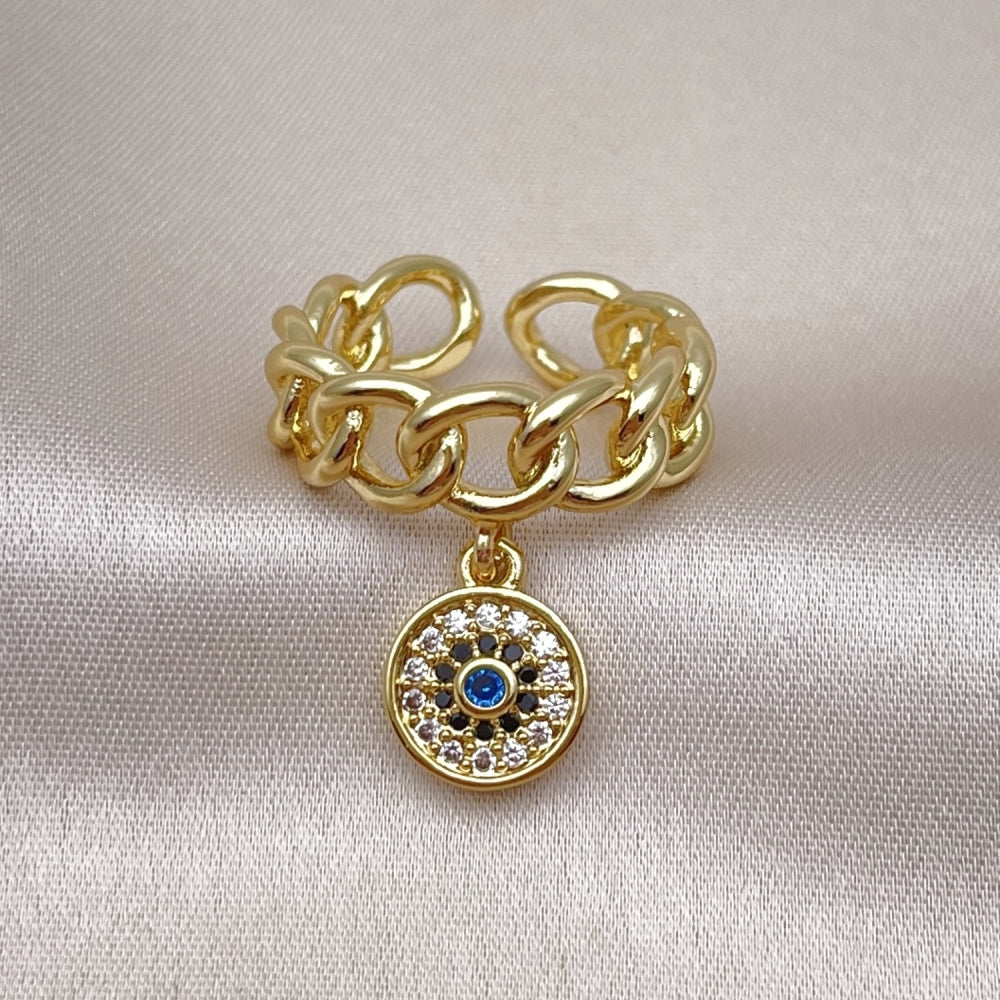 Oro Laminado Multi Stone Ring, Gold Filled Style Curb and Evil Eye Design, with Blue Topaz and Black Micro Pave, Polished, Golden Finish
