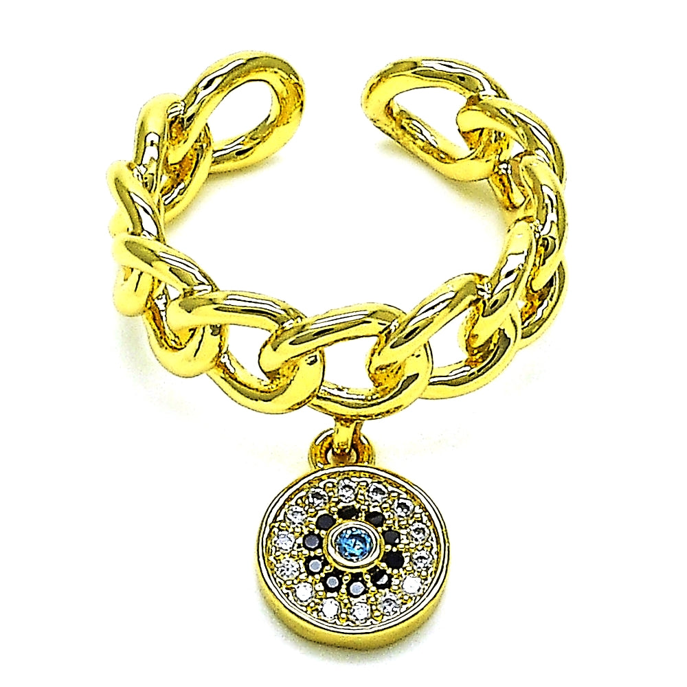 Oro Laminado Multi Stone Ring, Gold Filled Style Curb and Evil Eye Design, with Blue Topaz and Black Micro Pave, Polished, Golden Finish