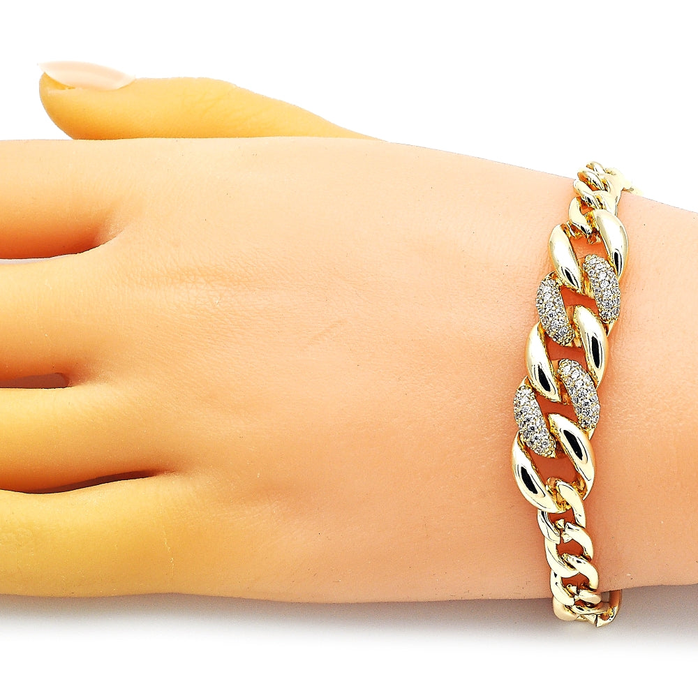 Oro Laminado Fancy Bracelet, Gold Filled Style Curb Design, with White Micro Pave, Polished, Golden Finish