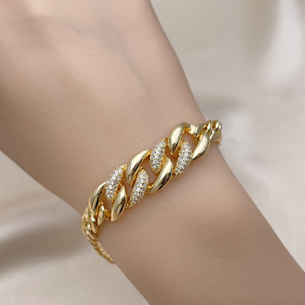 Oro Laminado Fancy Bracelet, Gold Filled Style Curb Design, with White Micro Pave, Polished, Golden Finish