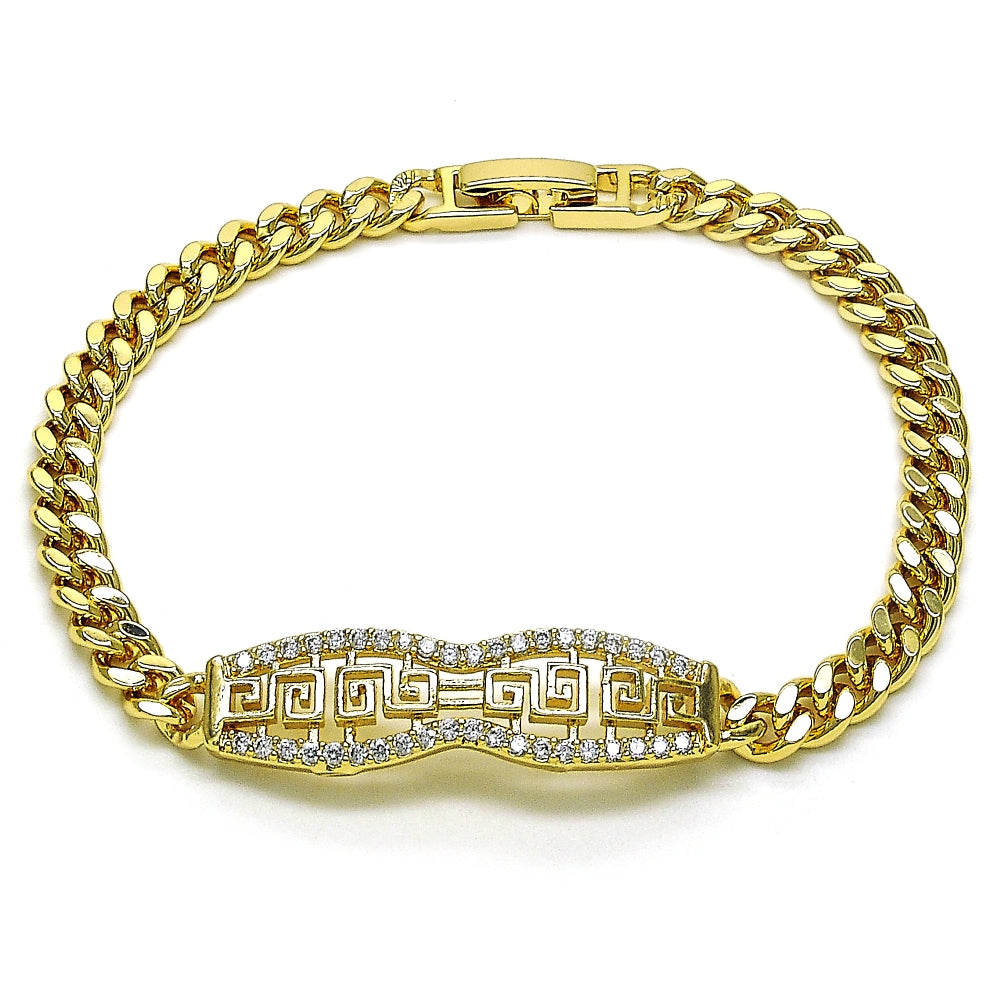 Oro Laminado Fancy Bracelet, Gold Filled Style Greek Key and Miami Cuban Design, with White Micro Pave, Polished, Golden Finish