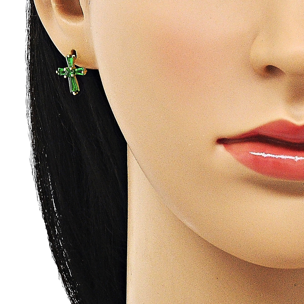 Oro Laminado Stud Earring, Gold Filled Style Cross and Baguette Design, with Green Cubic Zirconia, Polished, Golden Finish