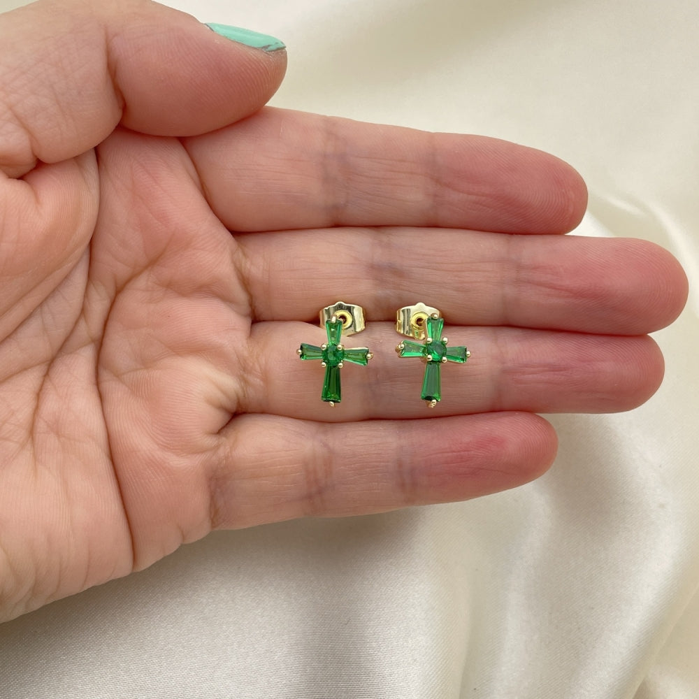 Oro Laminado Stud Earring, Gold Filled Style Cross and Baguette Design, with Green Cubic Zirconia, Polished, Golden Finish