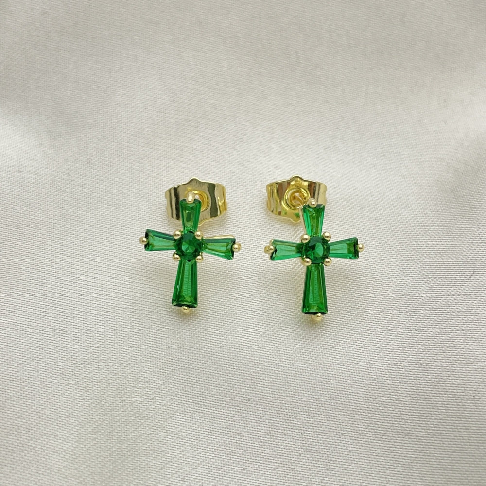 Oro Laminado Stud Earring, Gold Filled Style Cross and Baguette Design, with Green Cubic Zirconia, Polished, Golden Finish