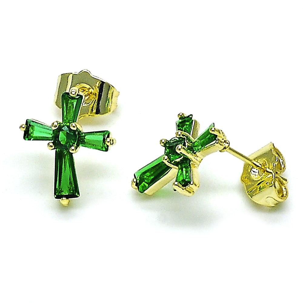 Oro Laminado Stud Earring, Gold Filled Style Cross and Baguette Design, with Green Cubic Zirconia, Polished, Golden Finish