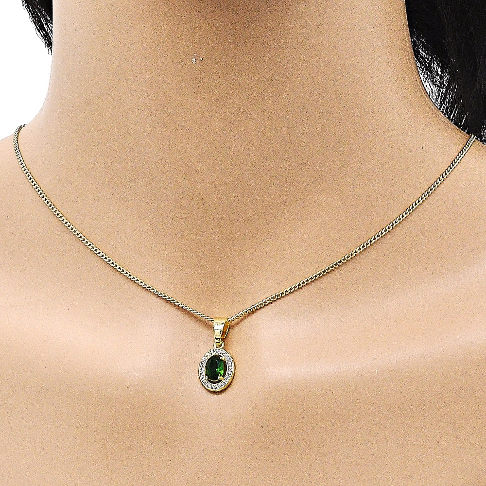 Oro Laminado Earring and Pendant Adult Set, Gold Filled Style with Green Cubic Zirconia and White Micro Pave, Polished, Golden Finish
