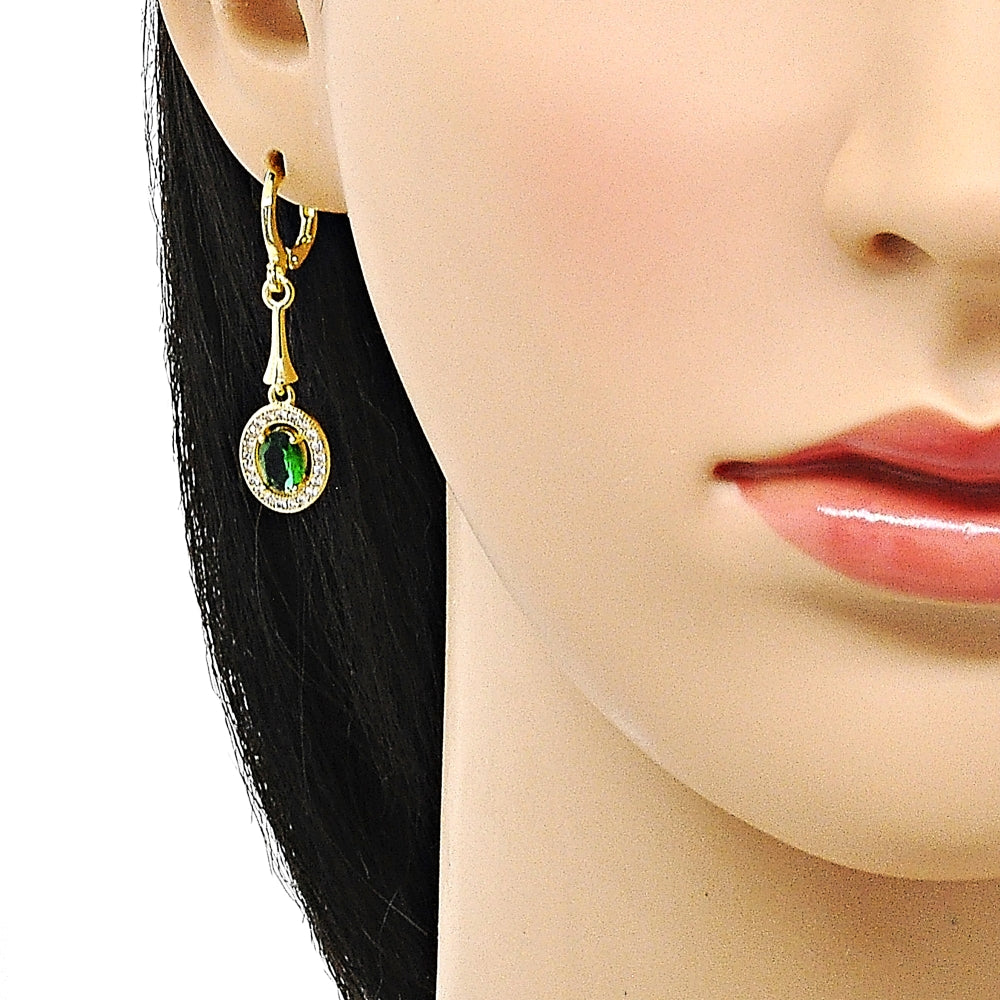 Oro Laminado Earring and Pendant Adult Set, Gold Filled Style with Green Cubic Zirconia and White Micro Pave, Polished, Golden Finish