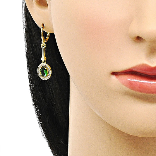 Oro Laminado Earring and Pendant Adult Set, Gold Filled Style with Green Cubic Zirconia and White Micro Pave, Polished, Golden Finish