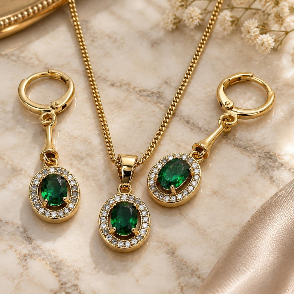 Oro Laminado Earring and Pendant Adult Set, Gold Filled Style with Green Cubic Zirconia and White Micro Pave, Polished, Golden Finish