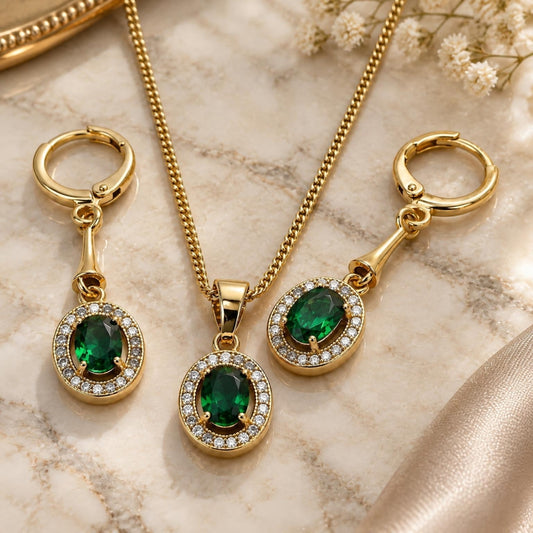 Oro Laminado Earring and Pendant Adult Set, Gold Filled Style with Green Cubic Zirconia and White Micro Pave, Polished, Golden Finish