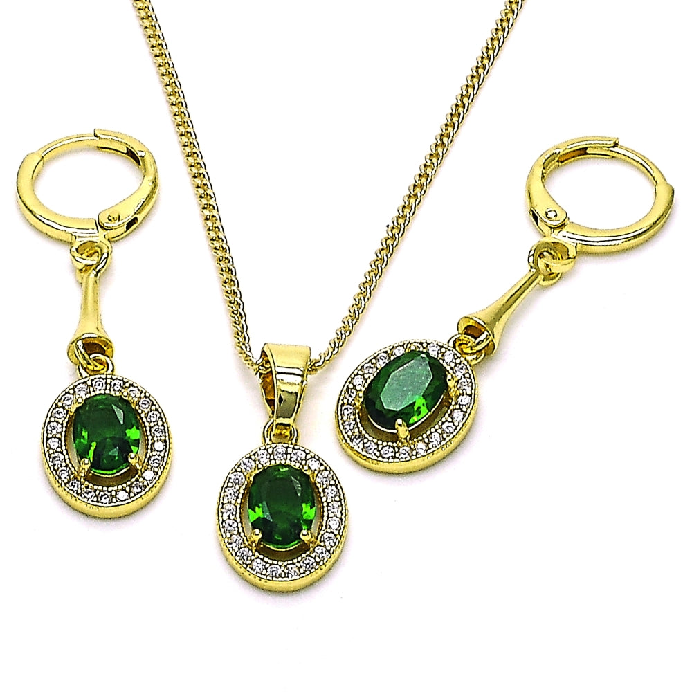 Oro Laminado Earring and Pendant Adult Set, Gold Filled Style with Green Cubic Zirconia and White Micro Pave, Polished, Golden Finish