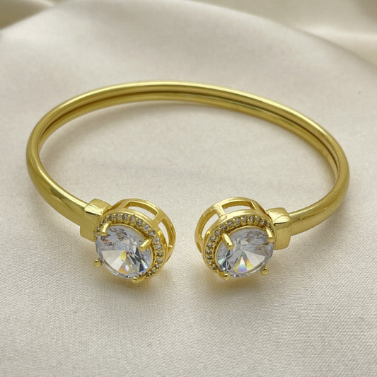Oro Laminado Individual Bangle, Gold Filled Style with White Cubic Zirconia and White Micro Pave, Polished, Golden Finish