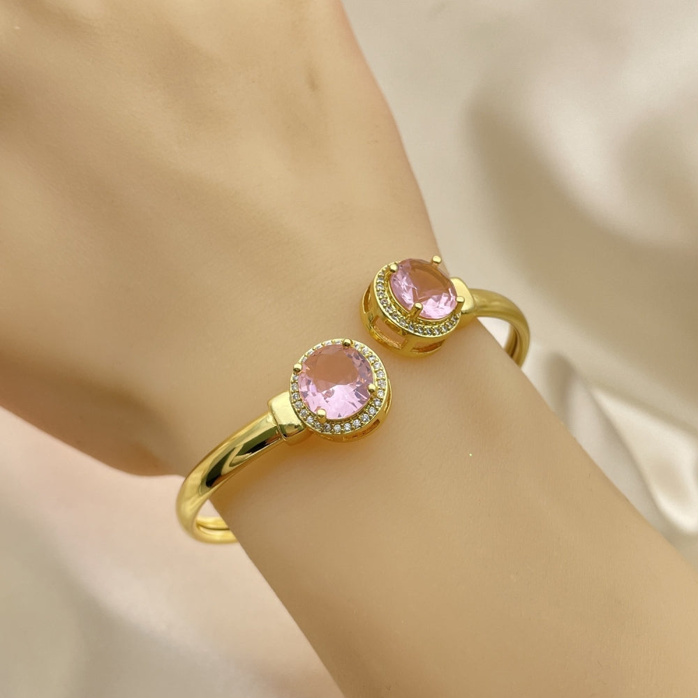 Oro Laminado Individual Bangle, Gold Filled Style with Pink Cubic Zirconia and White Micro Pave, Polished, Golden Finish