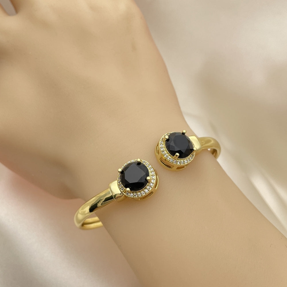 Oro Laminado Individual Bangle, Gold Filled Style with Black Cubic Zirconia and White Micro Pave, Polished, Golden Finish