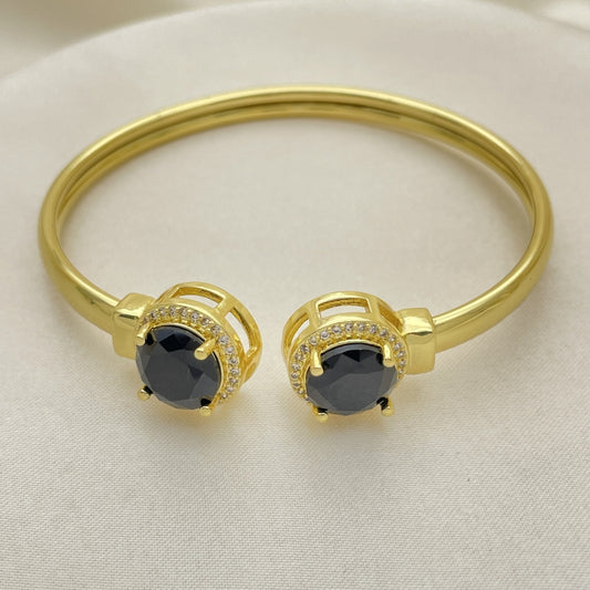 Oro Laminado Individual Bangle, Gold Filled Style with Black Cubic Zirconia and White Micro Pave, Polished, Golden Finish
