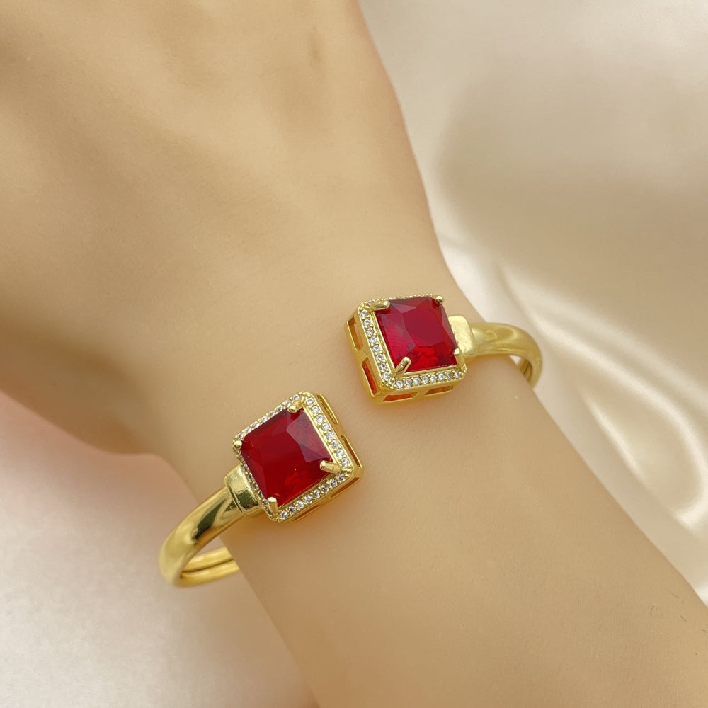 Oro Laminado Individual Bangle, Gold Filled Style with Garnet Cubic Zirconia and White Micro Pave, Polished, Golden Finish