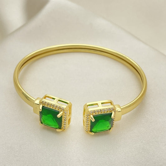 Oro Laminado Individual Bangle, Gold Filled Style with Green Cubic Zirconia and White Micro Pave, Polished, Golden Finish