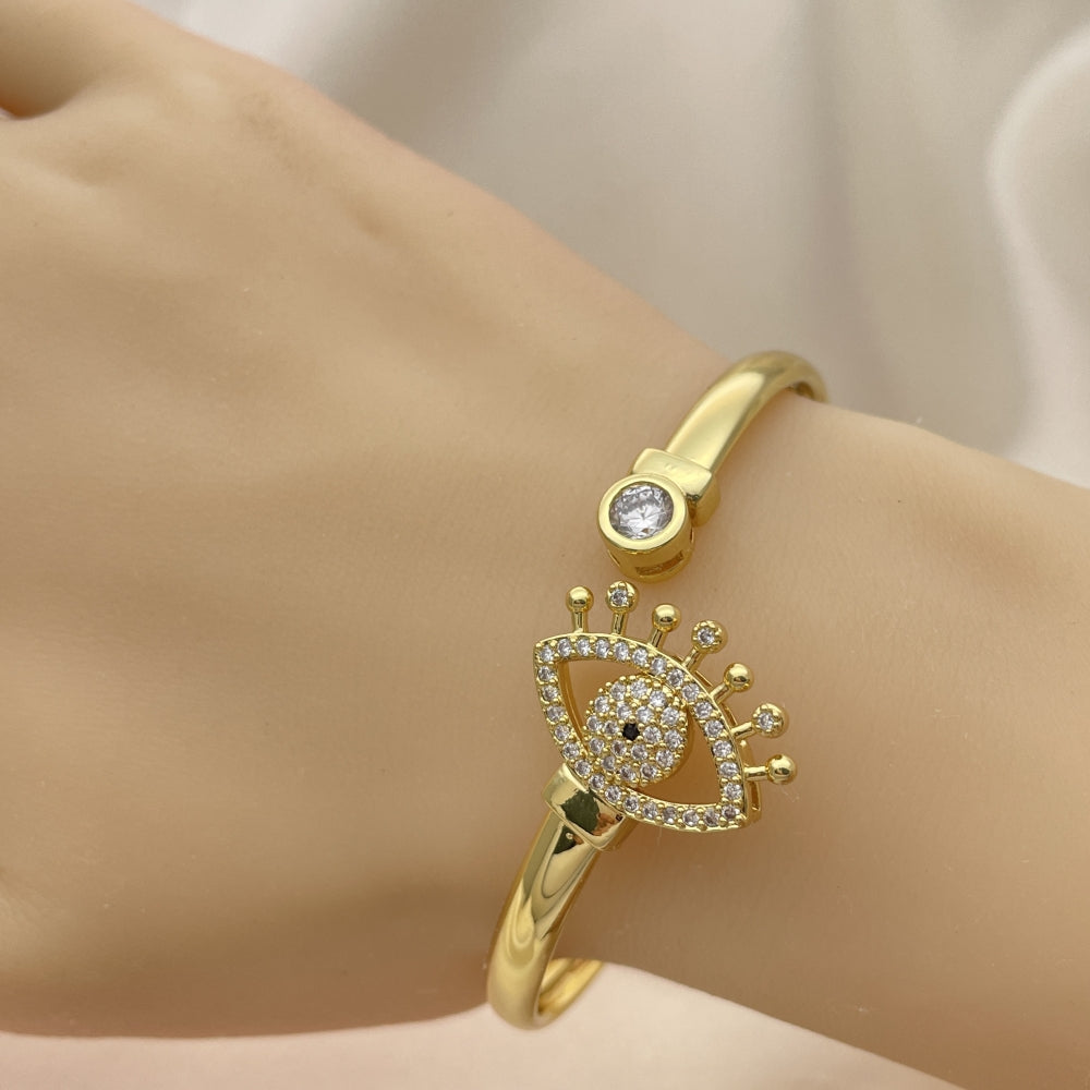 Oro Laminado Individual Bangle, Gold Filled Style Evil Eye Design, with White and Black Micro Pave, Polished, Golden Finish