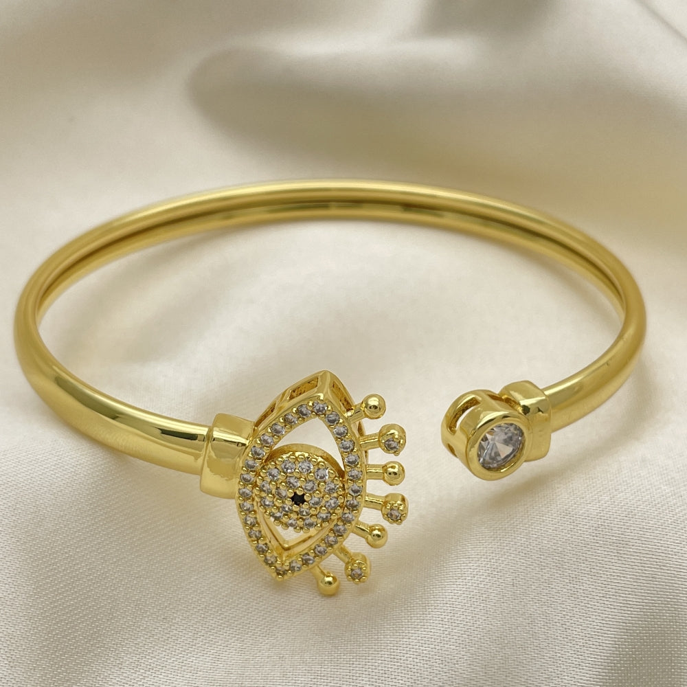Oro Laminado Individual Bangle, Gold Filled Style Evil Eye Design, with White and Black Micro Pave, Polished, Golden Finish