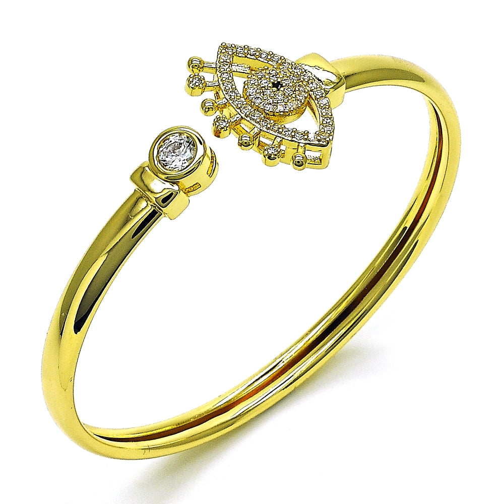 Oro Laminado Individual Bangle, Gold Filled Style Evil Eye Design, with White and Black Micro Pave, Polished, Golden Finish