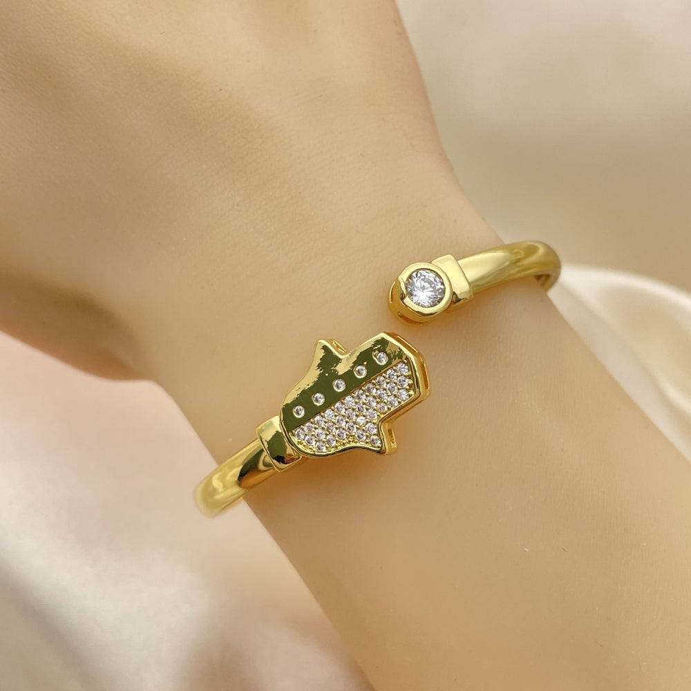 Oro Laminado Individual Bangle, Gold Filled Style Hand of God Design, with White Micro Pave and White Cubic Zirconia, Polished, Golden Finish
