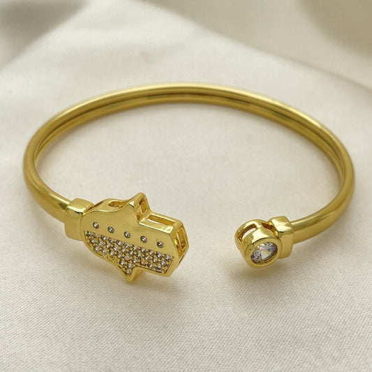 Oro Laminado Individual Bangle, Gold Filled Style Hand of God Design, with White Micro Pave and White Cubic Zirconia, Polished, Golden Finish