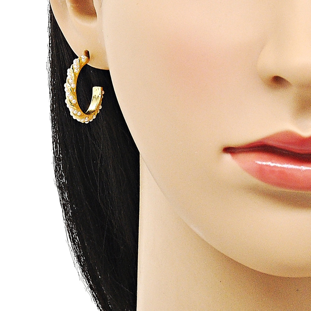 Oro Laminado Stud Earring, Gold Filled Style Twist Design, with Ivory Pearl, Polished, Golden Finish