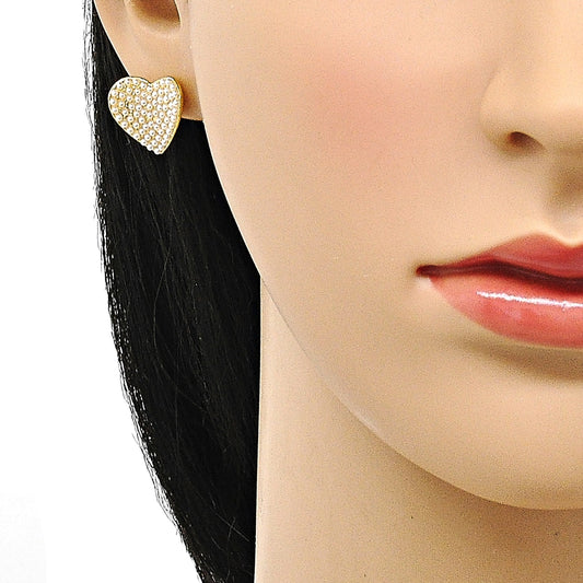 Oro Laminado Stud Earring, Gold Filled Style Heart Design, with Ivory Pearl, Polished, Golden Finish