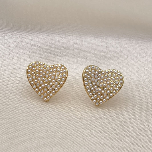Oro Laminado Stud Earring, Gold Filled Style Heart Design, with Ivory Pearl, Polished, Golden Finish