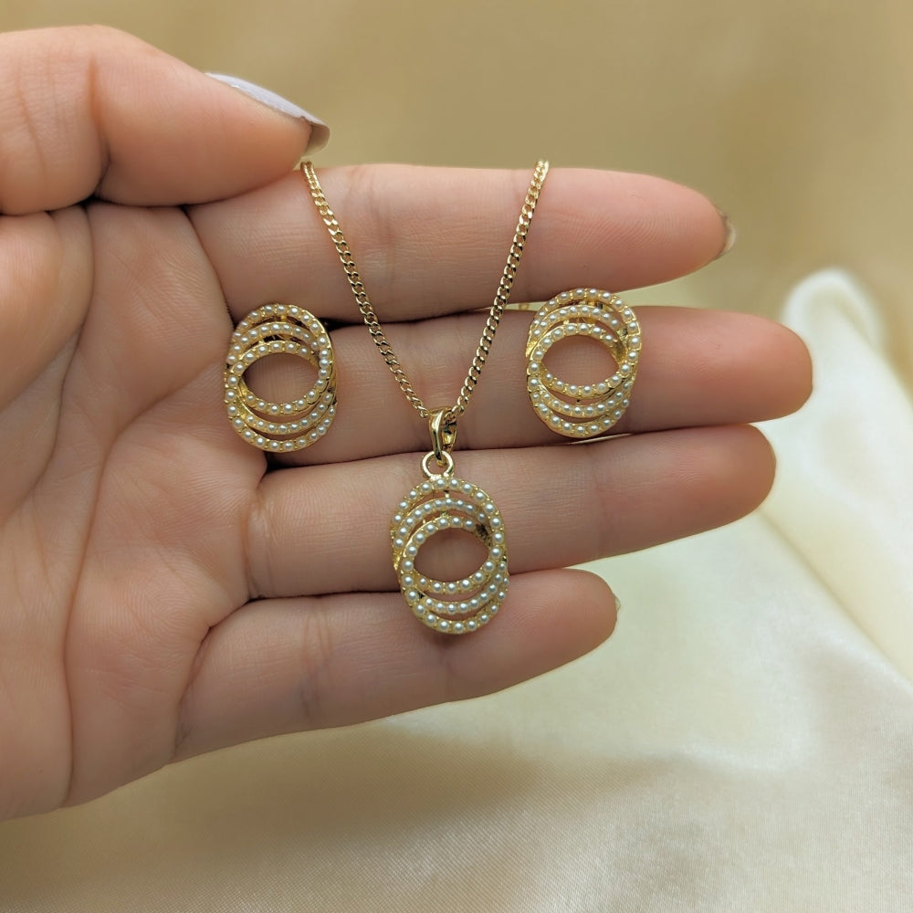 Oro Laminado Earring and Pendant Adult Set, Gold Filled Style with Ivory Pearl, Polished, Golden Finish