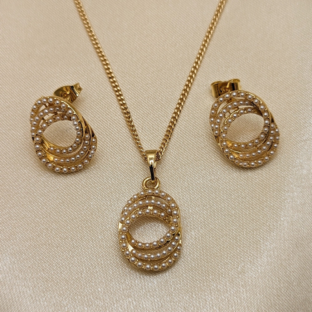 Oro Laminado Earring and Pendant Adult Set, Gold Filled Style with Ivory Pearl, Polished, Golden Finish