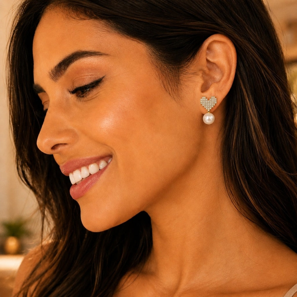 Oro Laminado Stud Earring, Gold Filled Style Heart Design, with Ivory Pearl and Crystal Crystal, Polished, Golden Finish