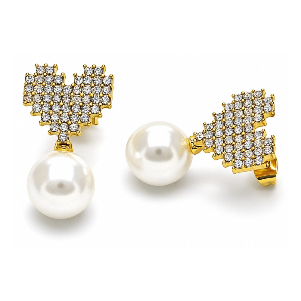 Oro Laminado Stud Earring, Gold Filled Style Heart Design, with Ivory Pearl and Crystal Crystal, Polished, Golden Finish