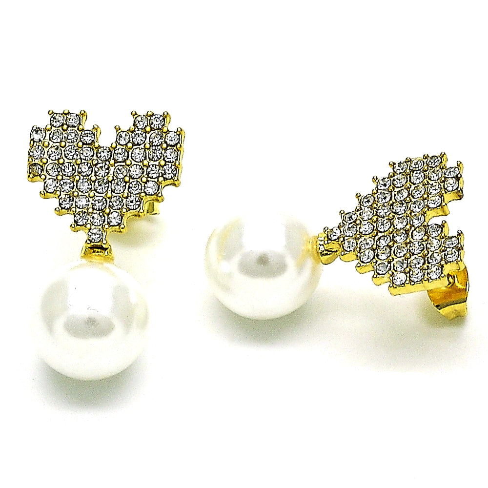 Oro Laminado Stud Earring, Gold Filled Style Heart Design, with Ivory Pearl and Crystal Crystal, Polished, Golden Finish