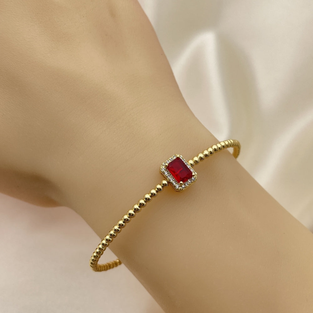 Oro Laminado Individual Bangle, Gold Filled Style Ball Design, with Garnet Cubic Zirconia and Ivory Pearl, Polished, Golden Finish