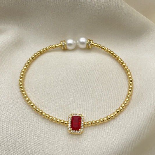Oro Laminado Individual Bangle, Gold Filled Style Ball Design, with Garnet Cubic Zirconia and Ivory Pearl, Polished, Golden Finish