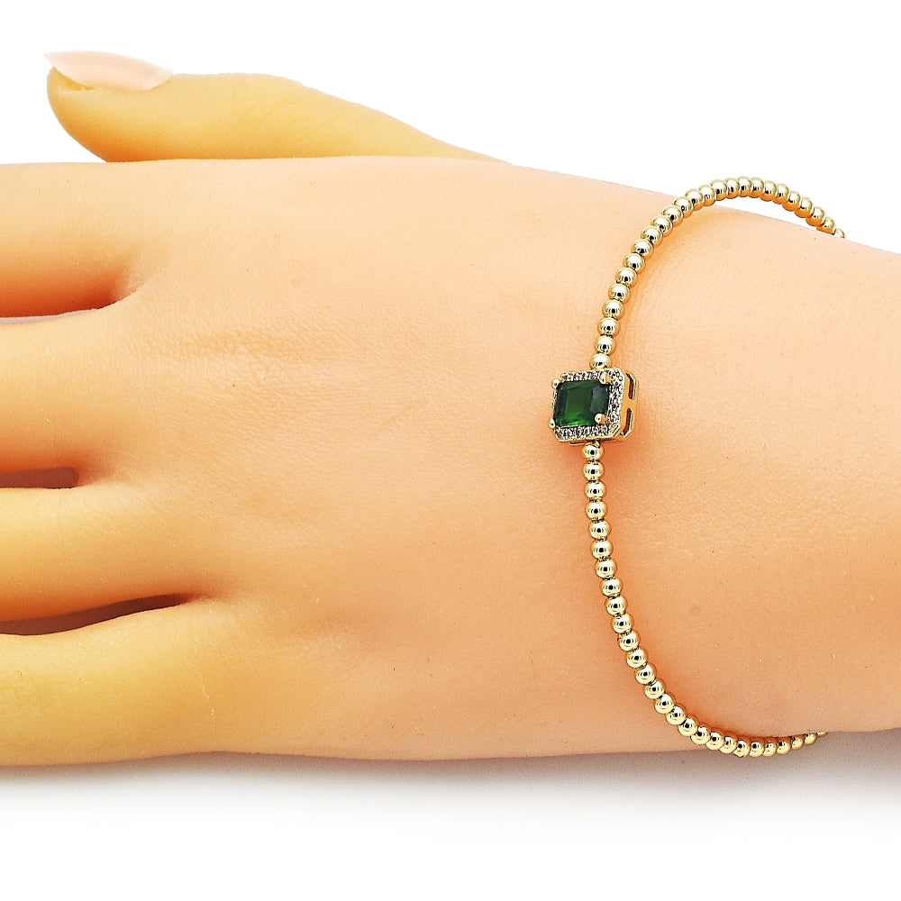 Oro Laminado Individual Bangle, Gold Filled Style Ball Design, with Green Cubic Zirconia and Ivory Pearl, Polished, Golden Finish