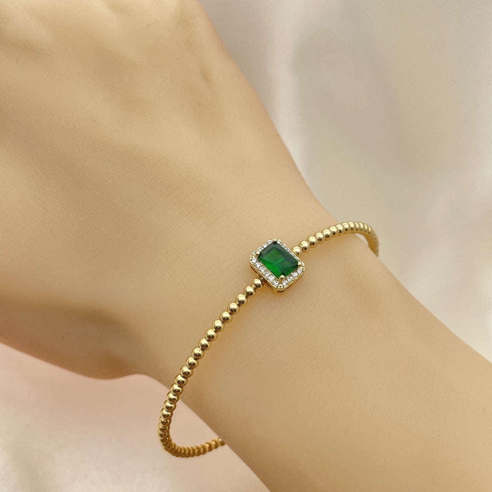 Oro Laminado Individual Bangle, Gold Filled Style Ball Design, with Green Cubic Zirconia and Ivory Pearl, Polished, Golden Finish