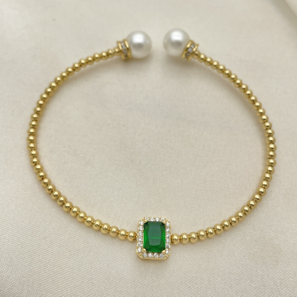 Oro Laminado Individual Bangle, Gold Filled Style Ball Design, with Green Cubic Zirconia and Ivory Pearl, Polished, Golden Finish