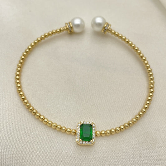 Oro Laminado Individual Bangle, Gold Filled Style Ball Design, with Green Cubic Zirconia and Ivory Pearl, Polished, Golden Finish