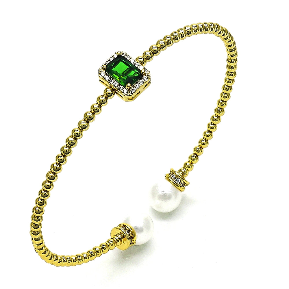 Oro Laminado Individual Bangle, Gold Filled Style Ball Design, with Green Cubic Zirconia and Ivory Pearl, Polished, Golden Finish