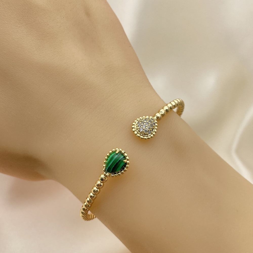 Oro Laminado Individual Bangle, Gold Filled Style Teardrop Design, with Green Crystal and White Micro Pave, Polished, Golden Finish