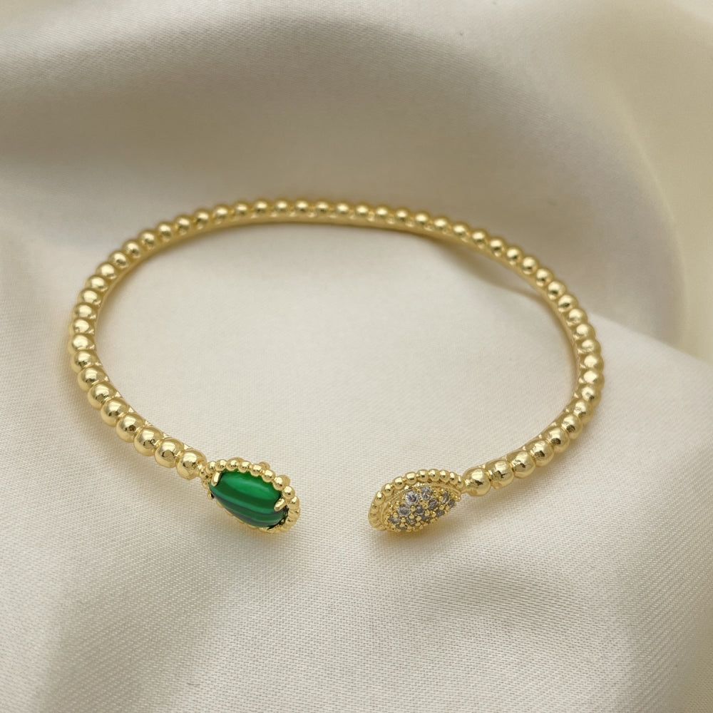 Oro Laminado Individual Bangle, Gold Filled Style Teardrop Design, with Green Crystal and White Micro Pave, Polished, Golden Finish