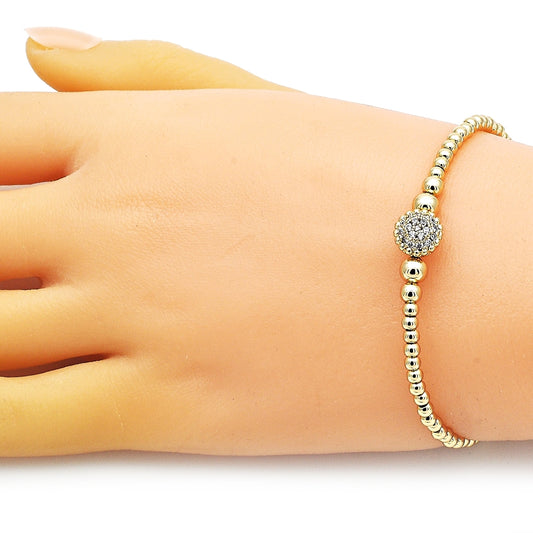 Oro Laminado Individual Bangle, Gold Filled Style Ball and Flower Design, with White Micro Pave, Polished, Golden Finish