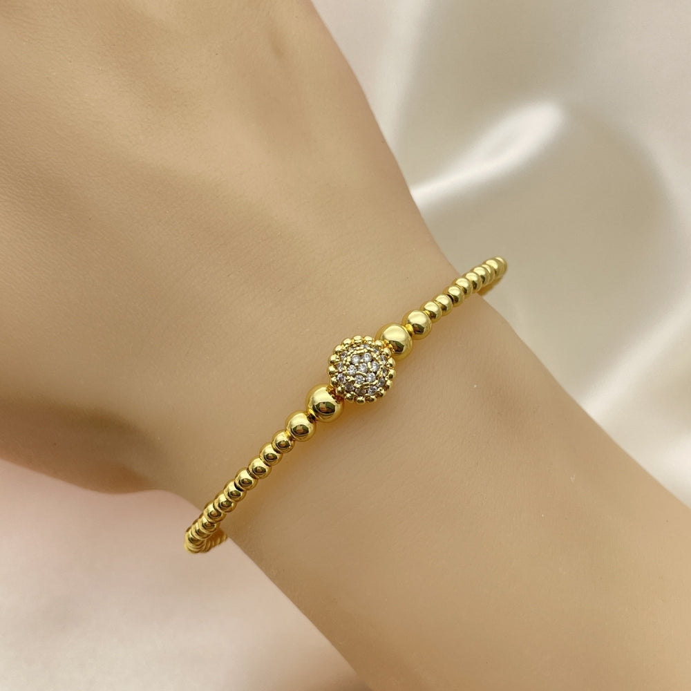 Oro Laminado Individual Bangle, Gold Filled Style Ball and Flower Design, with White Micro Pave, Polished, Golden Finish